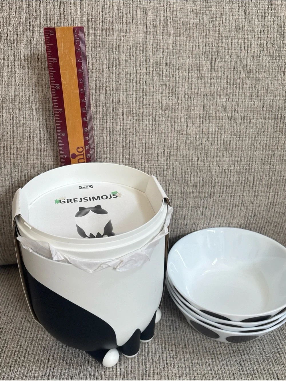 15 pc lot: 1 IKEA GREJSIMOJS storage CAT decor, 5 bags & 5 polka dot bowls NEW - Picture 14 of 16